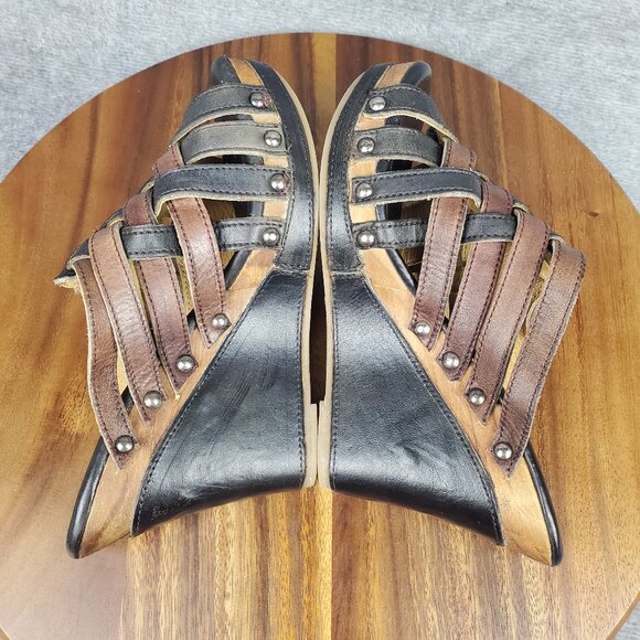 Bed Stu Sandals Women's 7 Brown Black Leather Gina Wedge Straps Slip On Platform - Picture 5 of 11